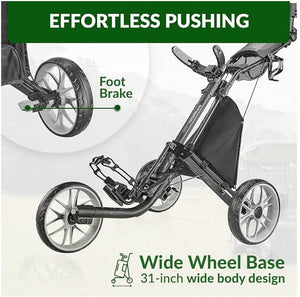 Greg Norman 3-Wheel Golf Push Cart/Trolley – Lightweight Aluminum Frame, 1-Second Fold, Foot Brake, Adjustable Handle & Storage
