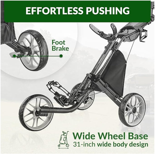 Greg Norman 3-Wheel Golf Push Cart/Trolley – Lightweight Aluminum Frame, 1-Second Fold, Foot Brake, Adjustable Handle & Storage