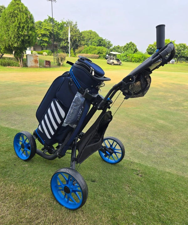 Greg Norman 3-Wheel Golf Push Cart/Trolley – Lightweight Aluminum Frame, 1-Second Fold, Foot Brake, Adjustable Handle & Storage