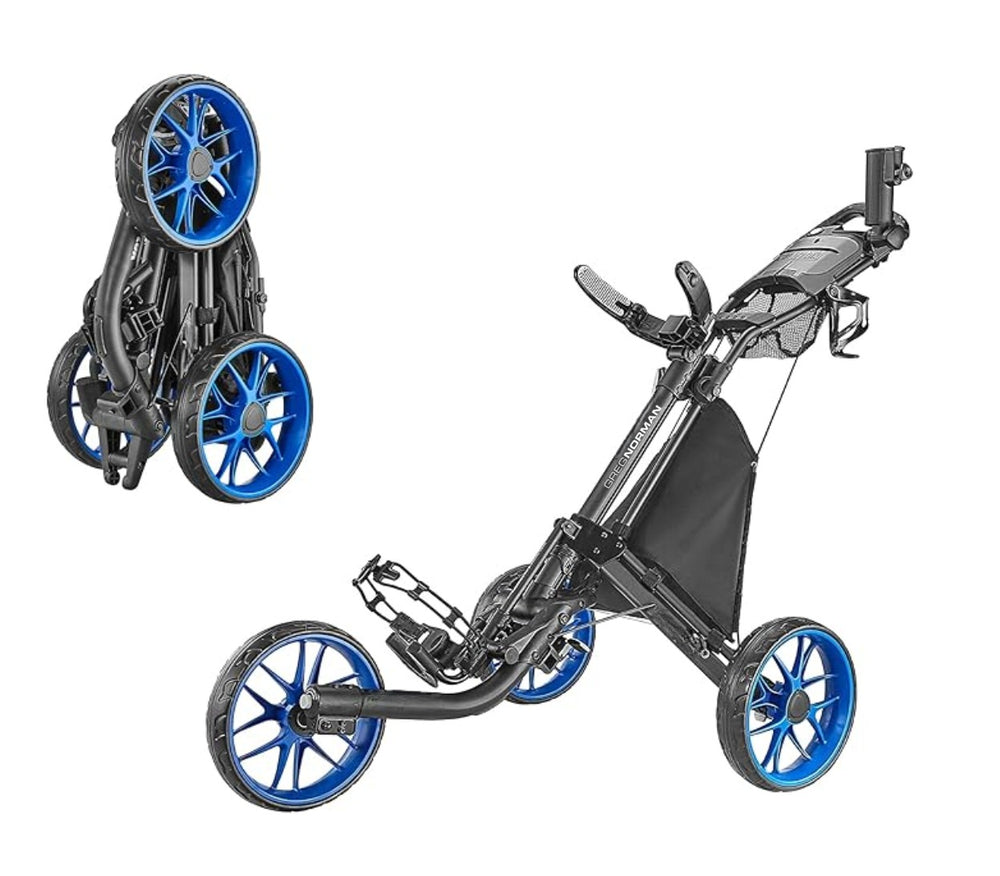 Greg Norman 3-Wheel Golf Push Cart/Trolley – Lightweight Aluminum Frame, 1-Second Fold, Foot Brake, Adjustable Handle & Storage