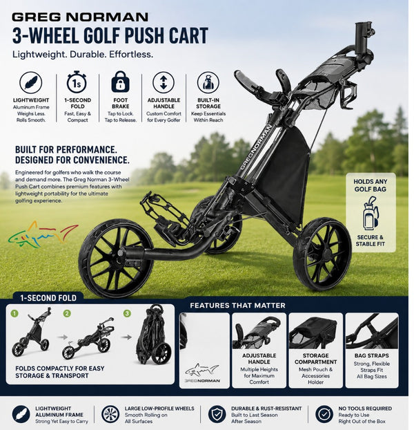 Greg Norman 3-Wheel Golf Push Cart/Trolley – Lightweight Aluminum Frame, 1-Second Fold, Foot Brake, Adjustable Handle & Storage